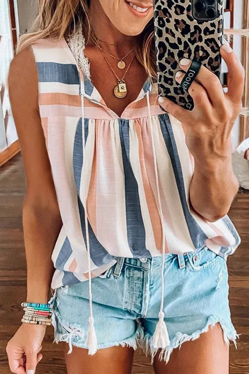 Split V Neck Striped Print Tank Top