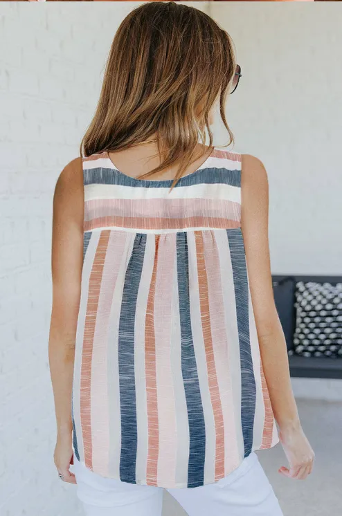 Split V Neck Striped Print Tank Top